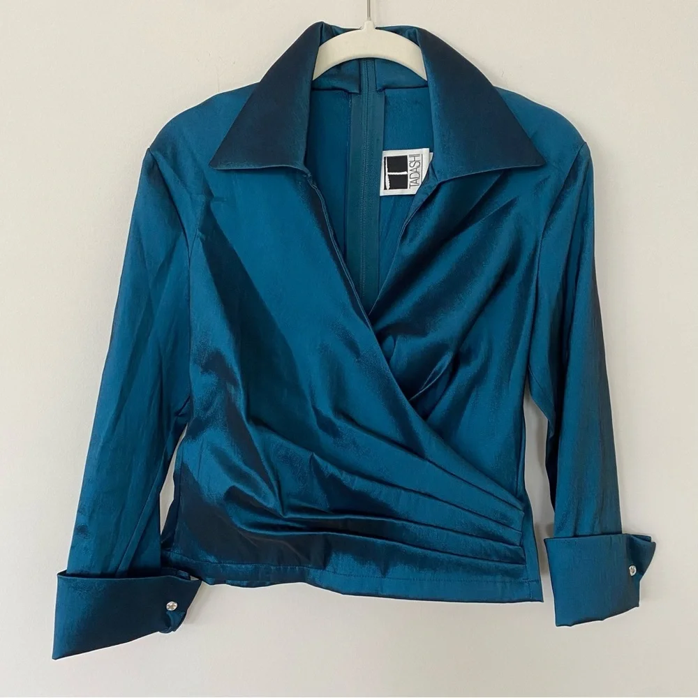 Vintage Tadashi Two-Piece Set Sz 4 Teal Satin Skirt Blouse Wedding Event 90s Y2K - Picture 2 of 16